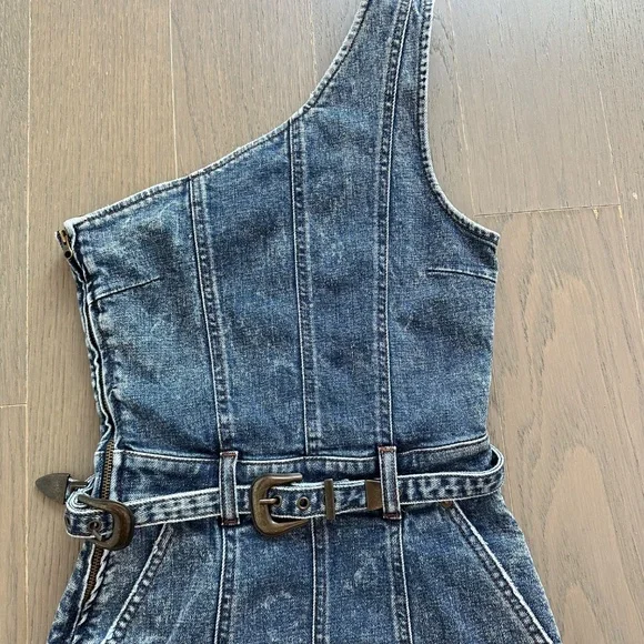 Retrofete Giorgio Dress in Atlas Denim One Shoulder Belt Western XS - With tags - Picture 4 of 10